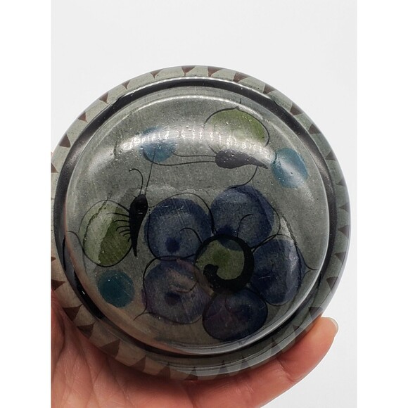 Tonala Mexico Lidded Trinket Dish Yellow Butterfies & Blue Flower Jewelry VTG - Picture 5 of 12